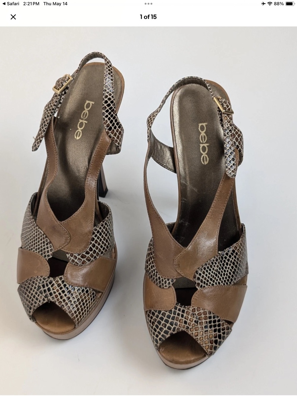 Bebe Brown Leather and Snake-Print Slingback Platform Heels